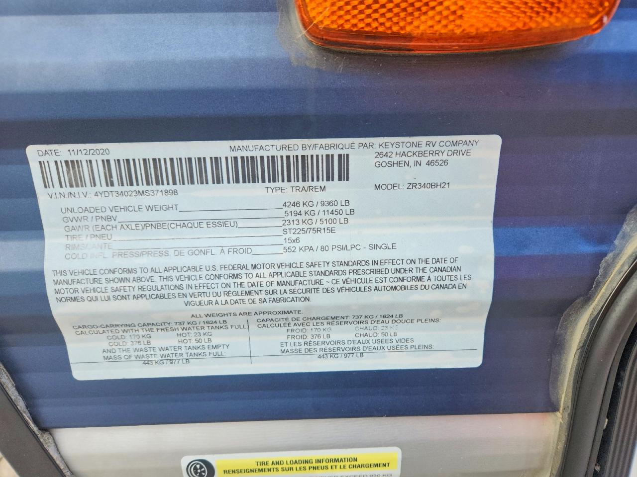 2021 KEYSTONE Trailer VIN 4YDT34023MS371898 photo 10