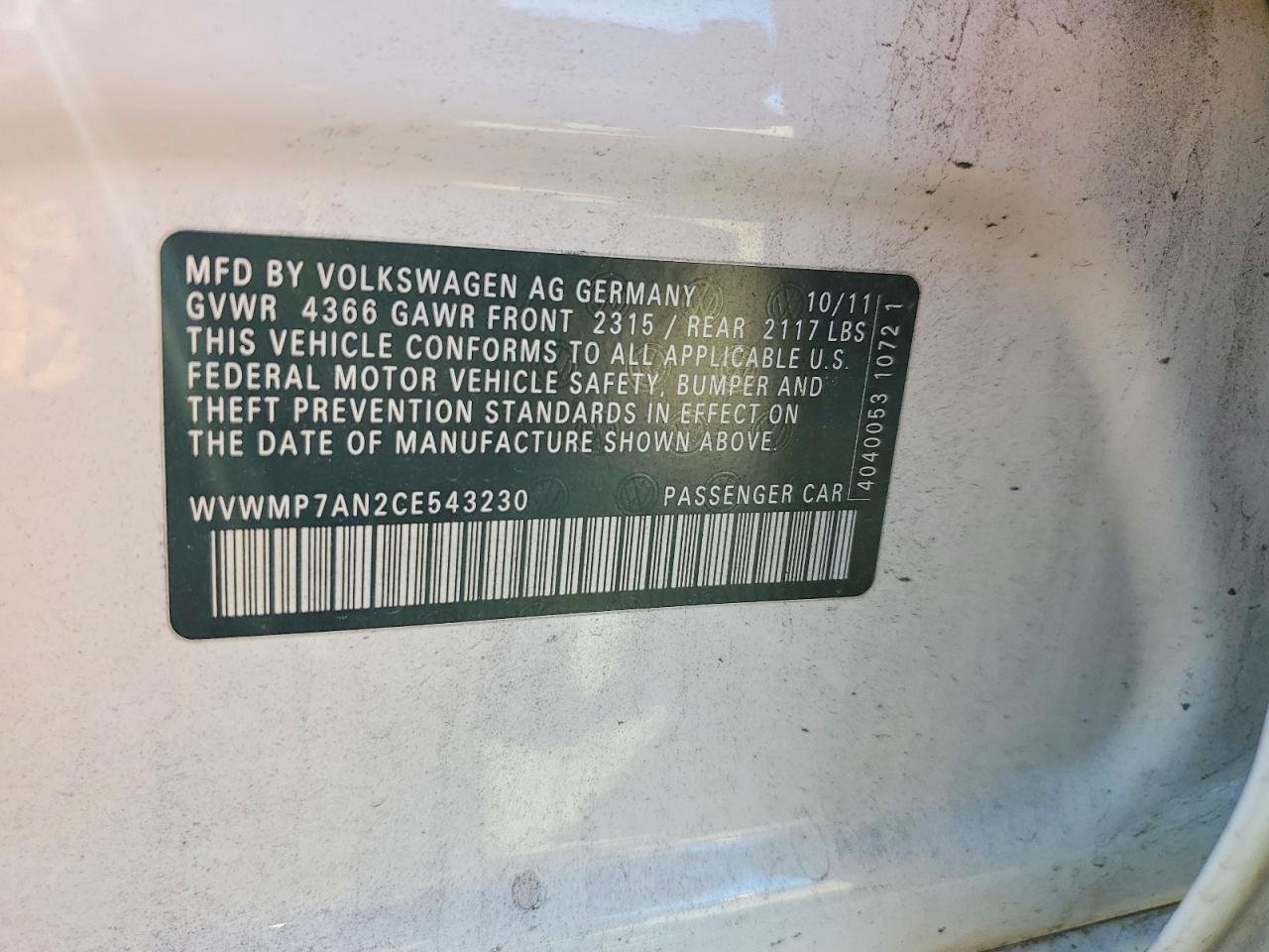 2012 Volkswagen Cc VIN WVWMP7AN2CE543230 photo 12
