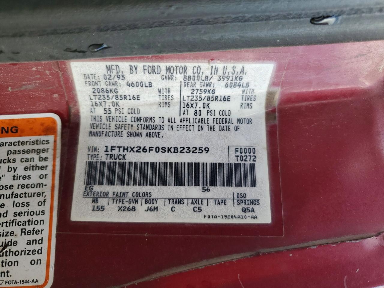 1995 Ford F250 VIN 1FTHX26F0SKB23259 photo 12