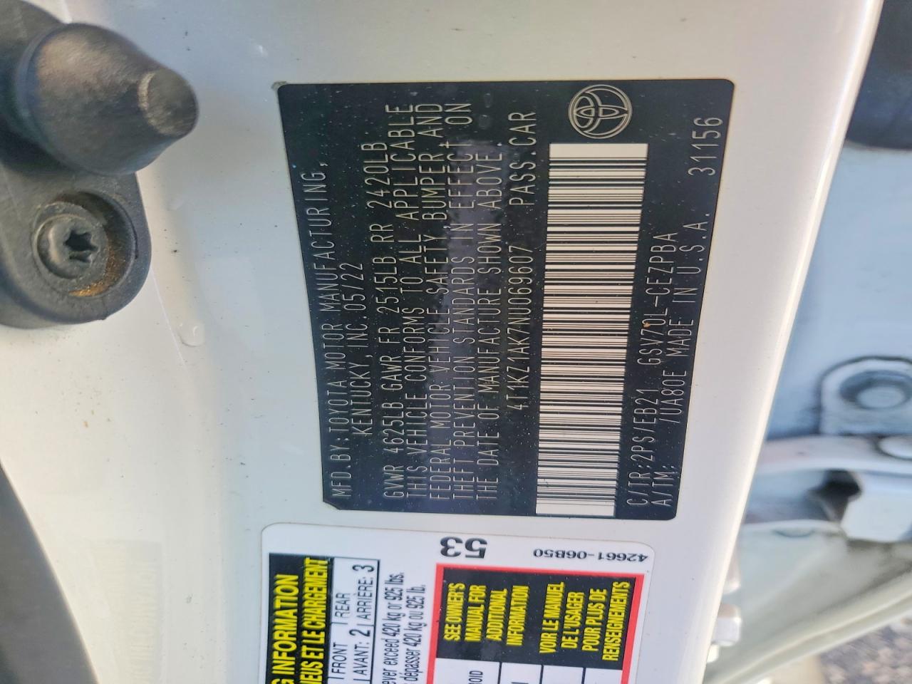 2022 Toyota Camry VIN 4T1KZ1AK7NU069607 photo 12
