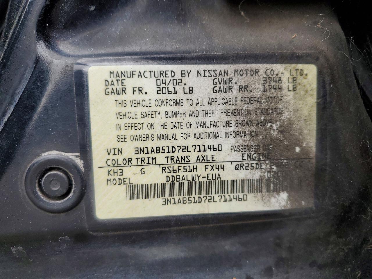 2002 NISSAN Sentra VIN 3N1AB51D72L711460 photo 12