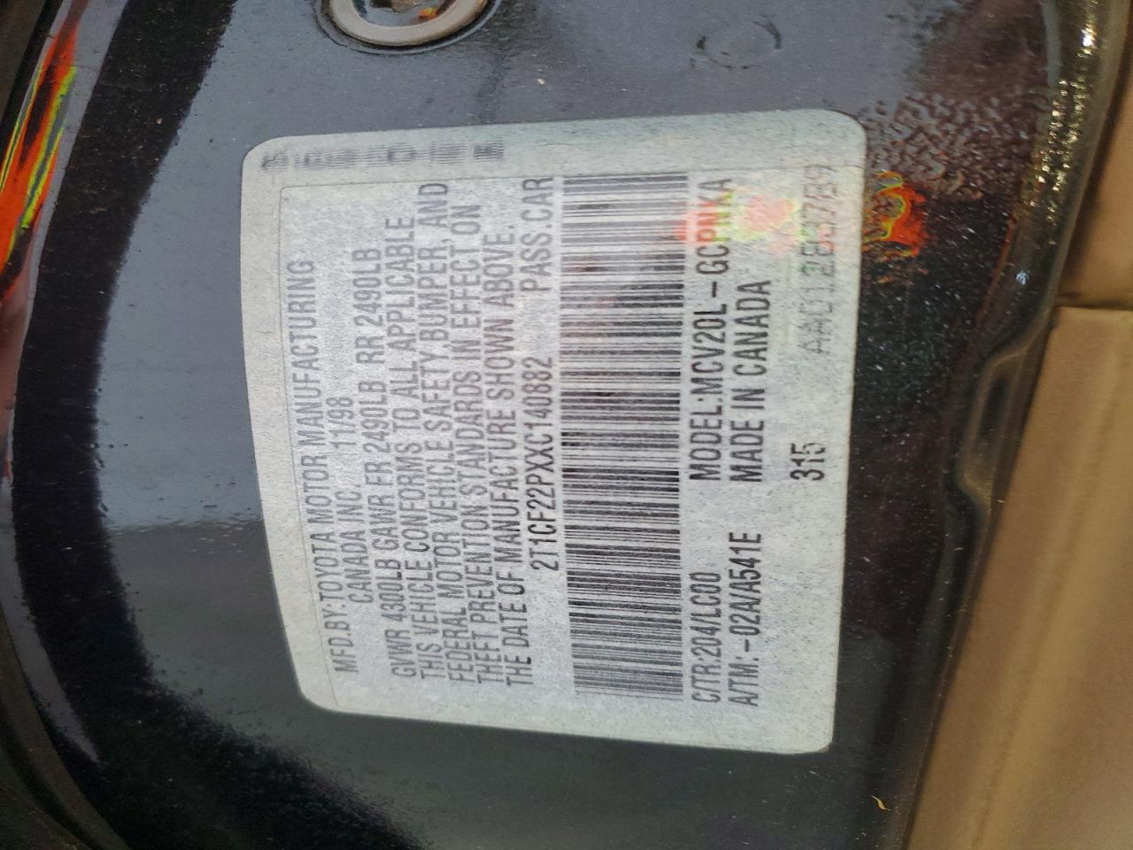 1999 TOYOTA Camry sola VIN 2T1CF22PXXC140882 photo 12