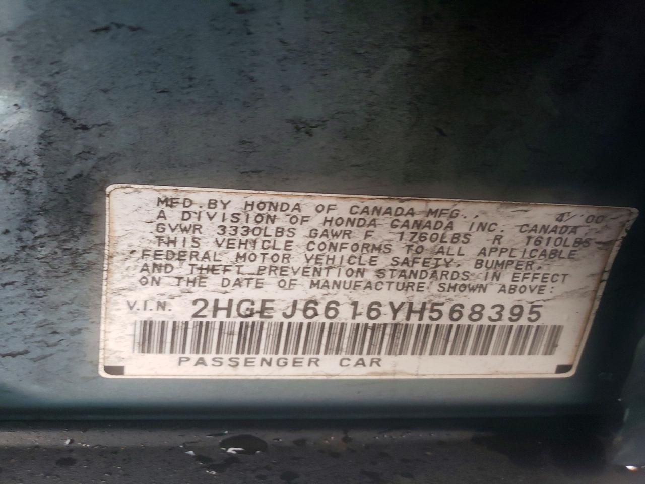 2000 Honda Civic VIN 2HGEJ6616YH568395 photo 12