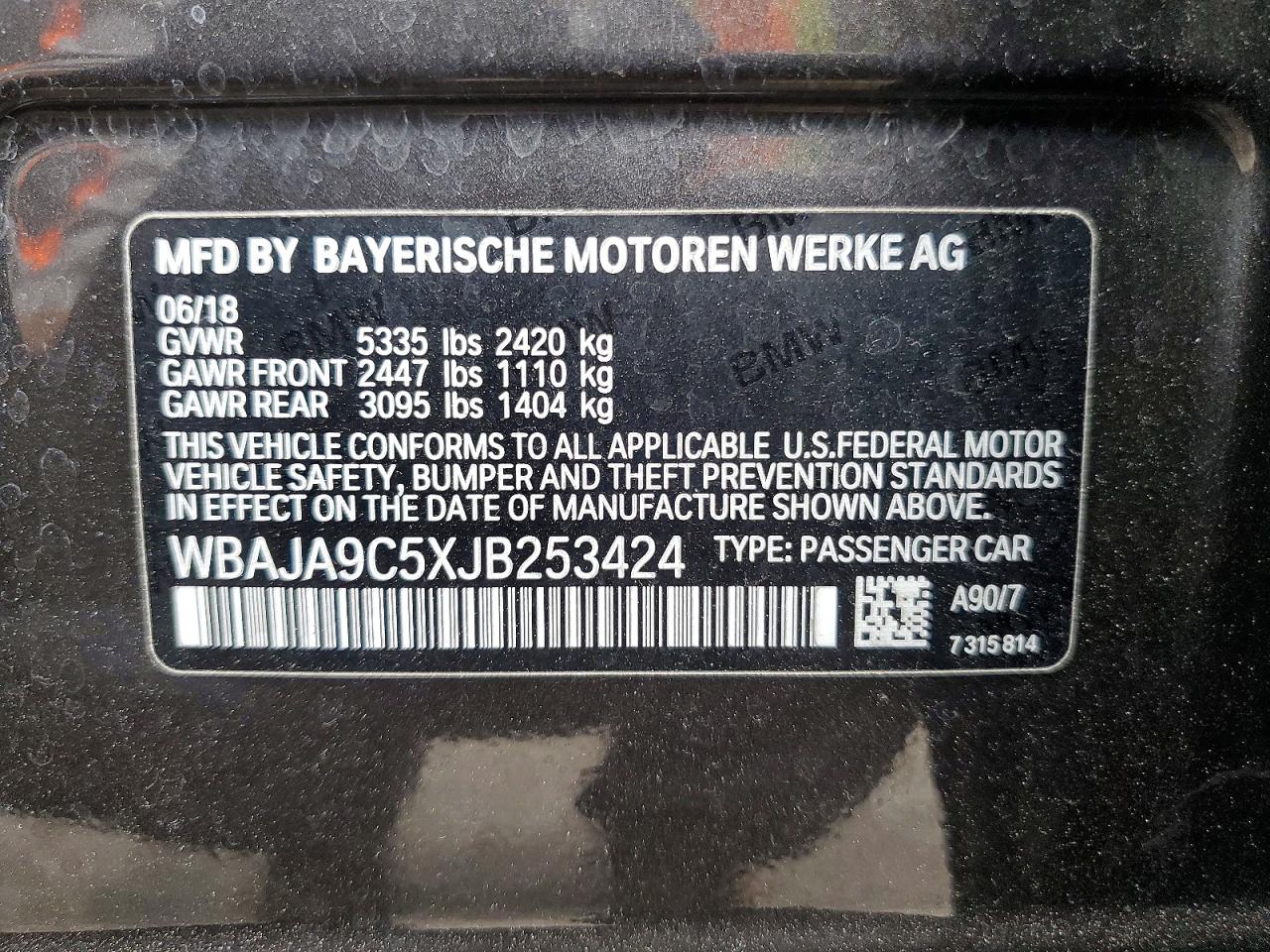 2018 BMW 5 series VIN WBAJA9C5XJB253424 photo 12