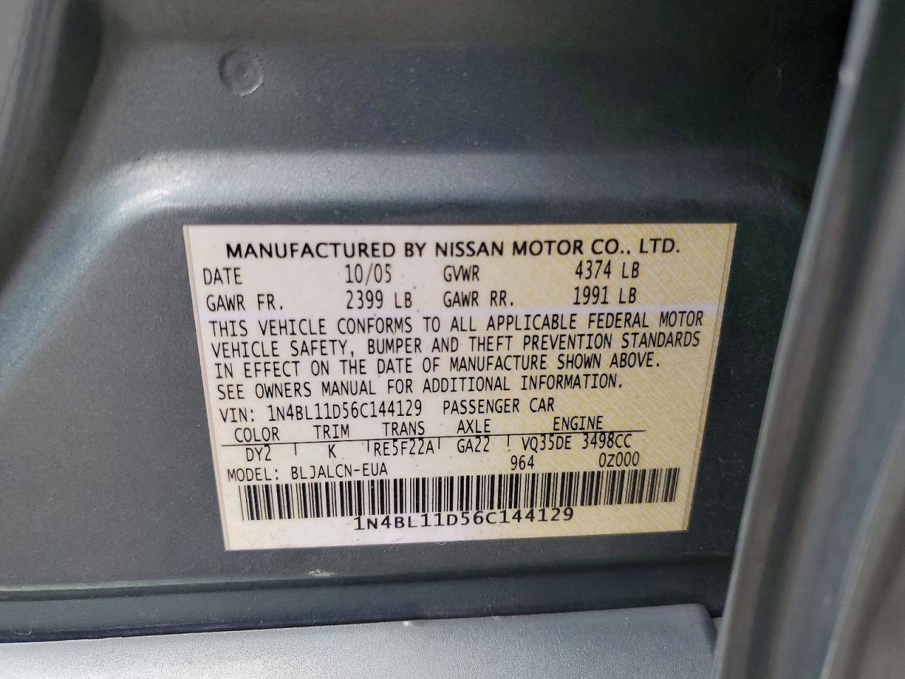 2006 NISS Altima VIN 1N4BL11D56C144129 photo 12