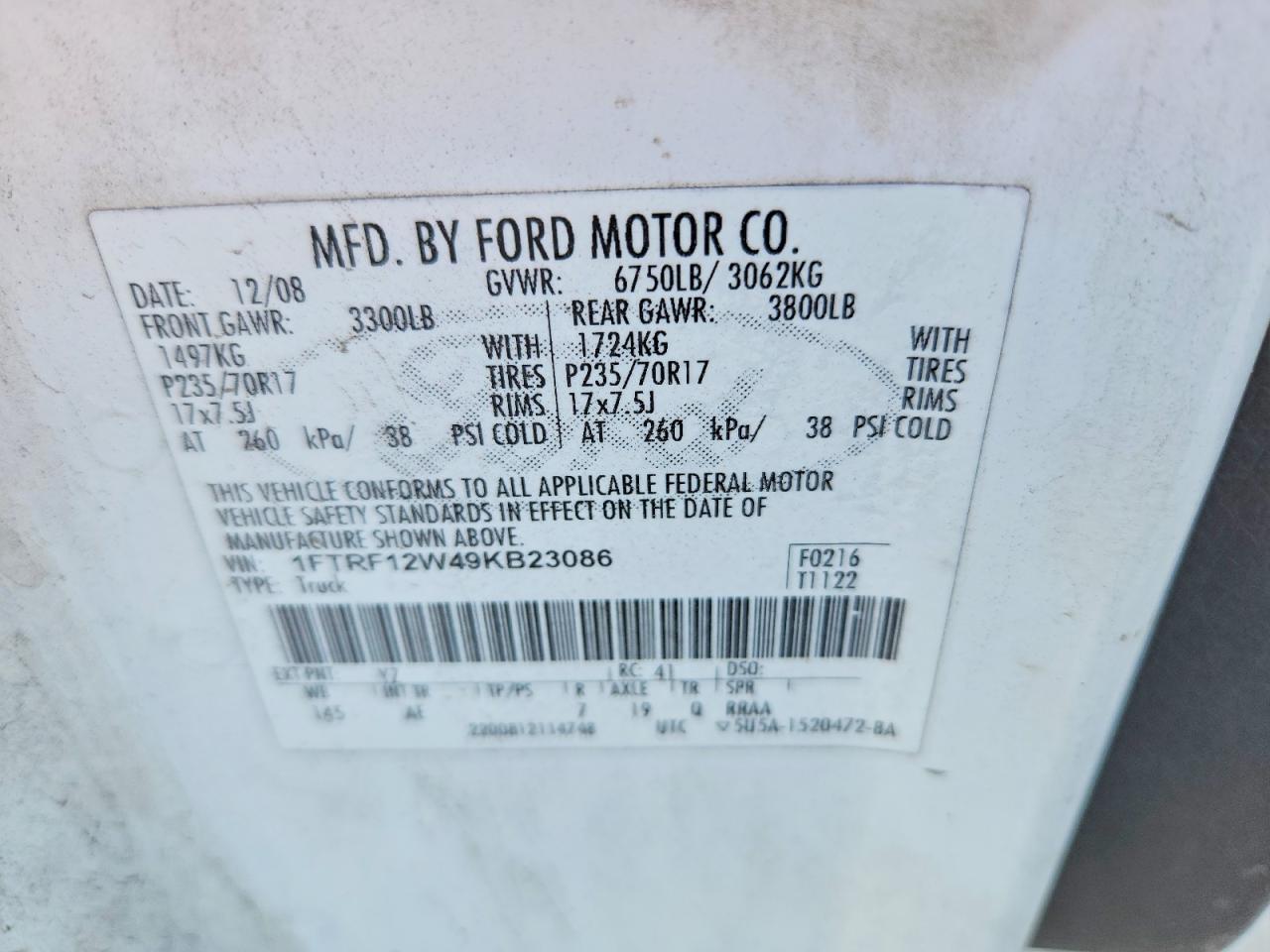 2009 Ford F150 VIN 1FTRF12W49KB23086 photo 12