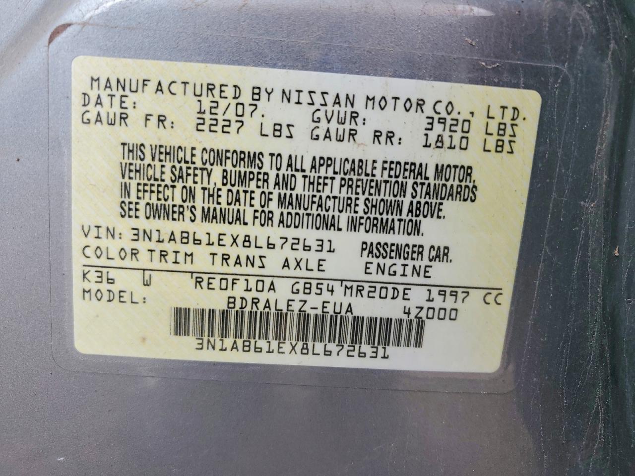 2008 Nissan Sentra VIN 3N1AB61EX8L672631 photo 12