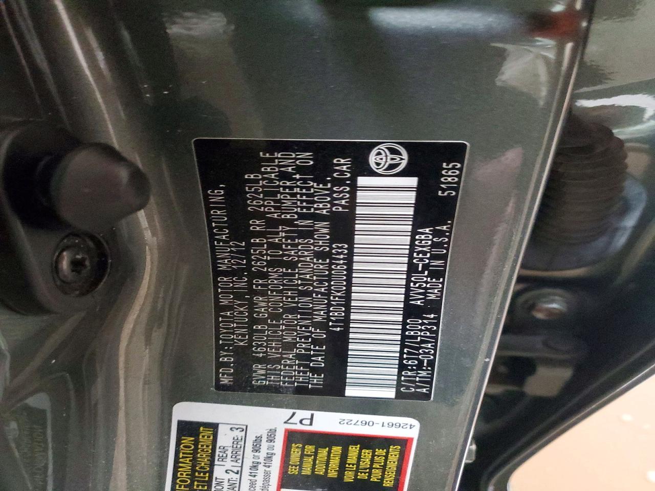2013 Toyota Camry sola VIN 4T1BD1FK0DU064433 photo 12