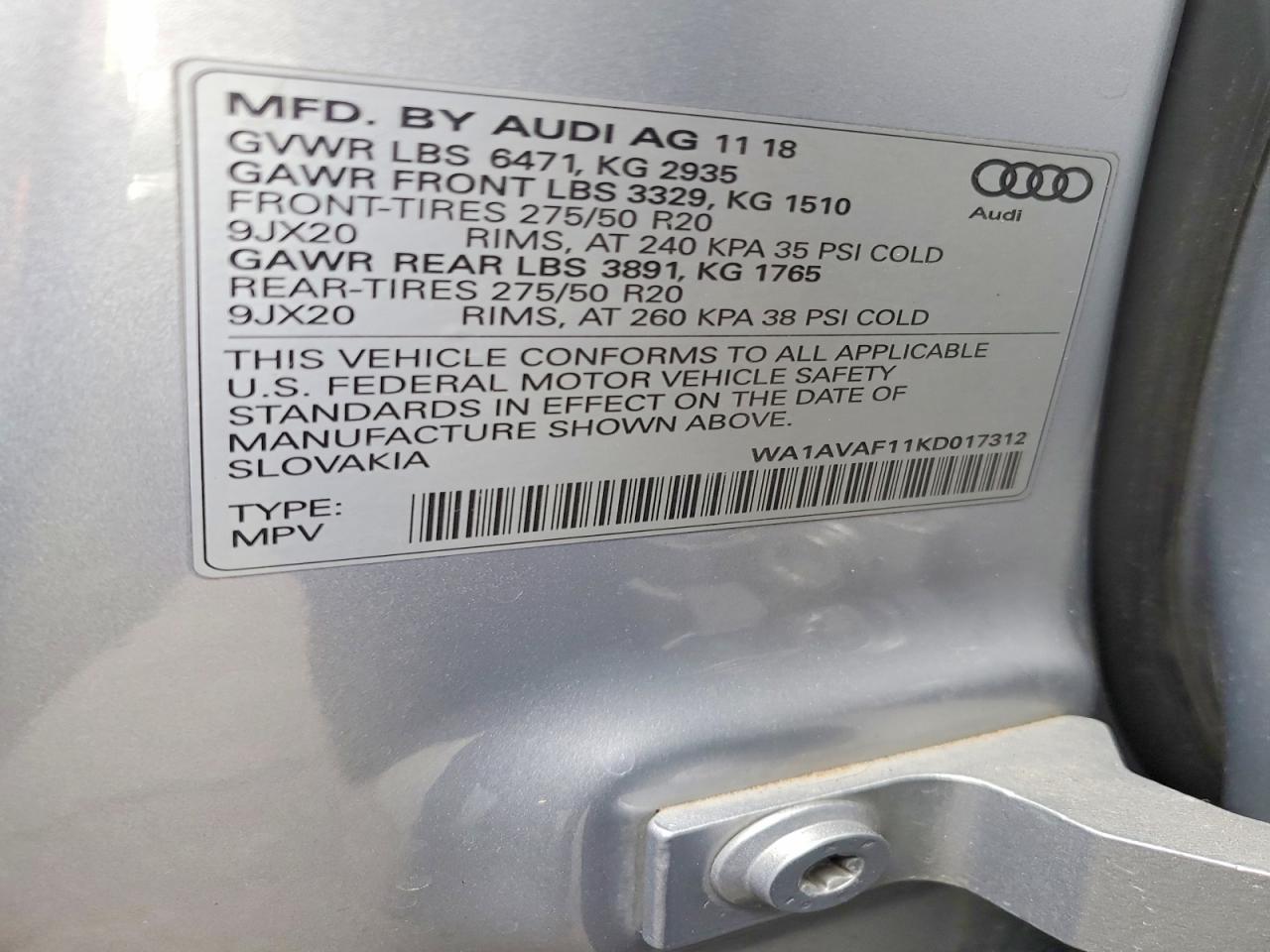 2019 Audi Q8 VIN WA1AVAF11KD017312 photo 12