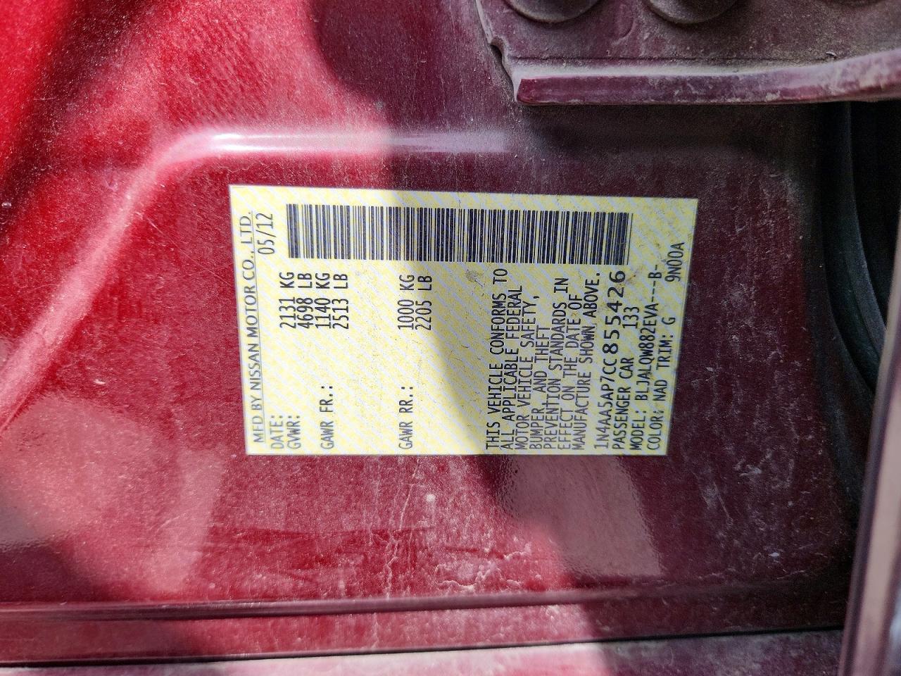 2012 Niss Maxima VIN 1N4AA5AP7CC855426 photo 12