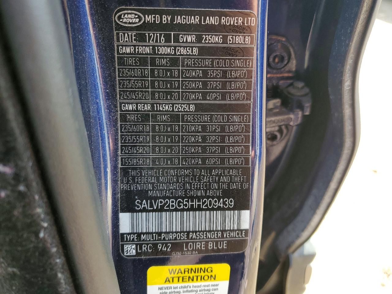 2017 Land Rangerover VIN SALVP2BG5HH209439 photo 12