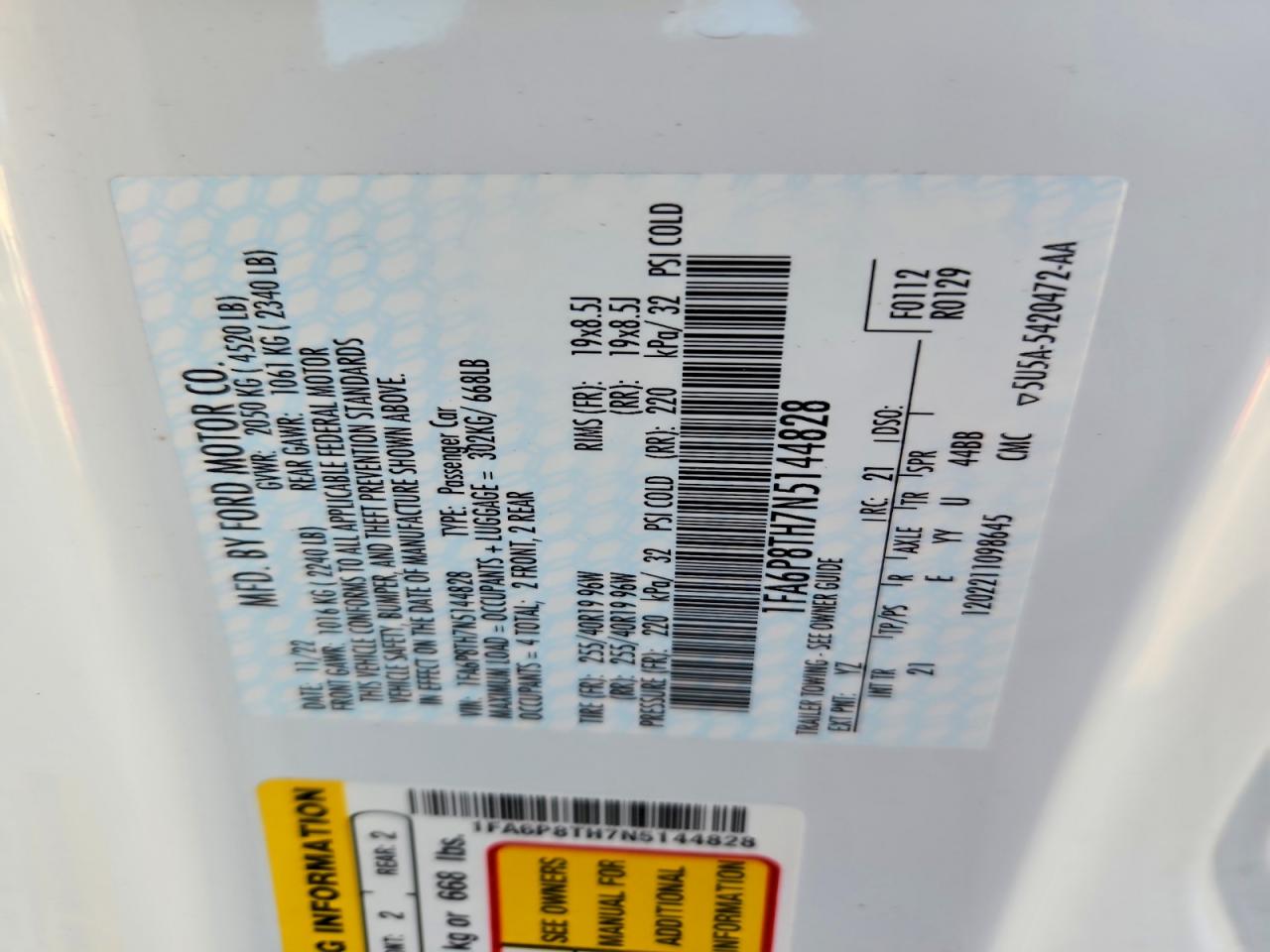 2022 FORD Mustang VIN 1FA6P8TH7N5144828 photo 12
