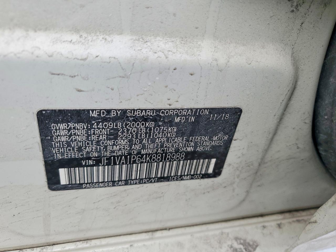 2019 Subaru Wrx VIN JF1VA1P64K8818988 photo 12