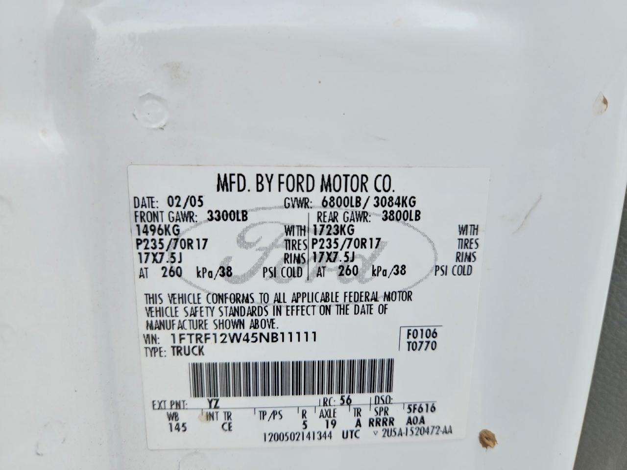 2005 Ford F150 VIN 1FTRF12W45NB11111 photo 12