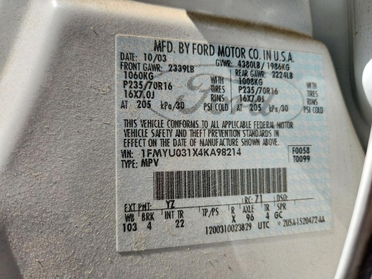2004 Ford Escape VIN 1FMYU031X4KA98214 photo 12