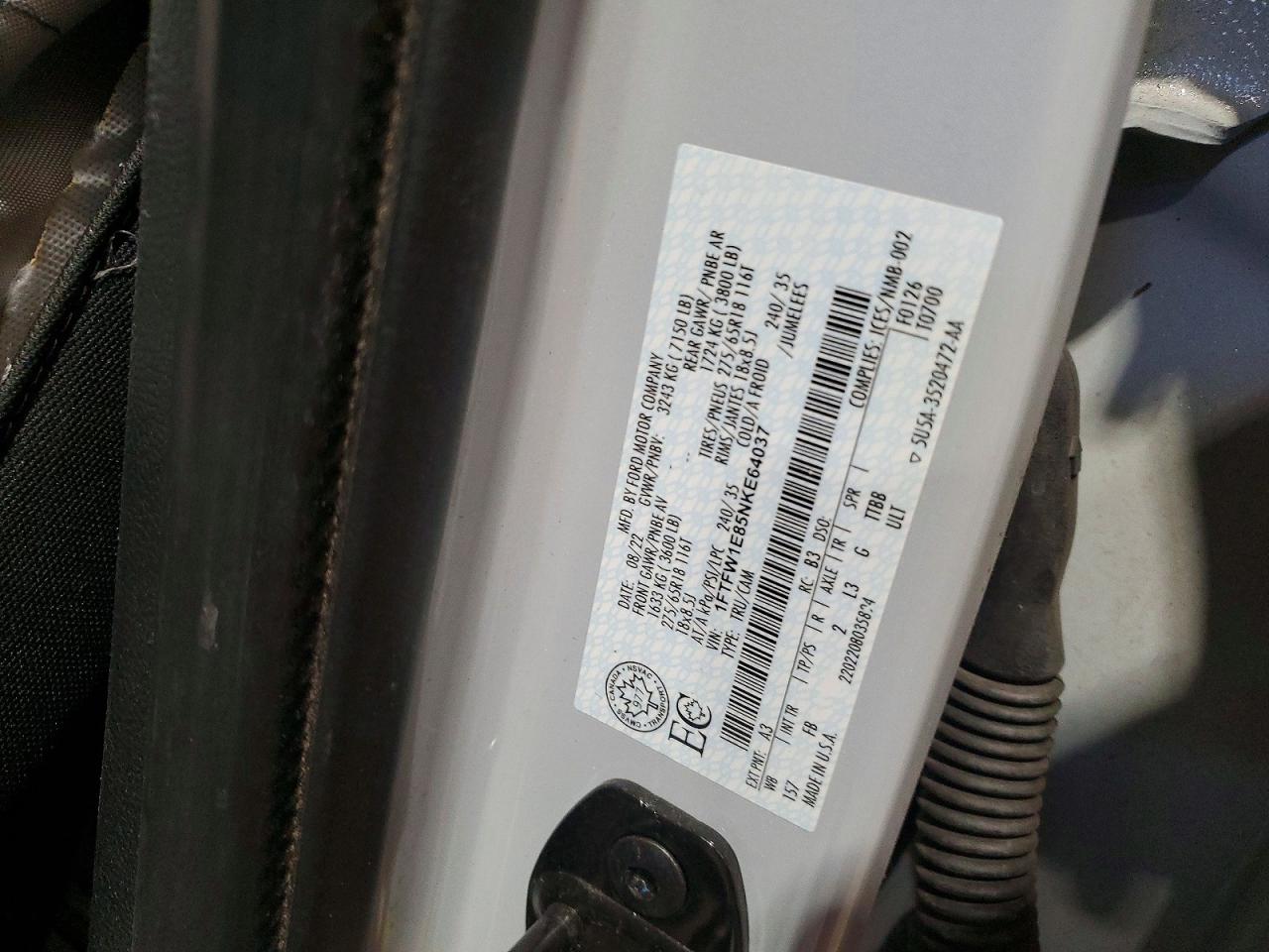 2022 Ford F150 VIN 1FTFW1E85NKE64037 photo 12