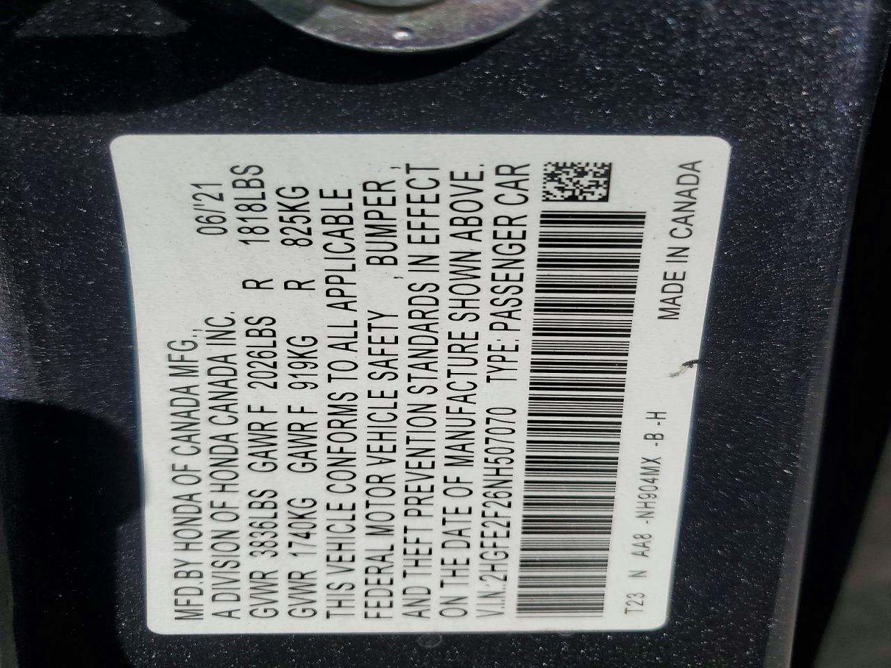2022 Honda Civic VIN 2HGFE2F26NH507070 photo 12