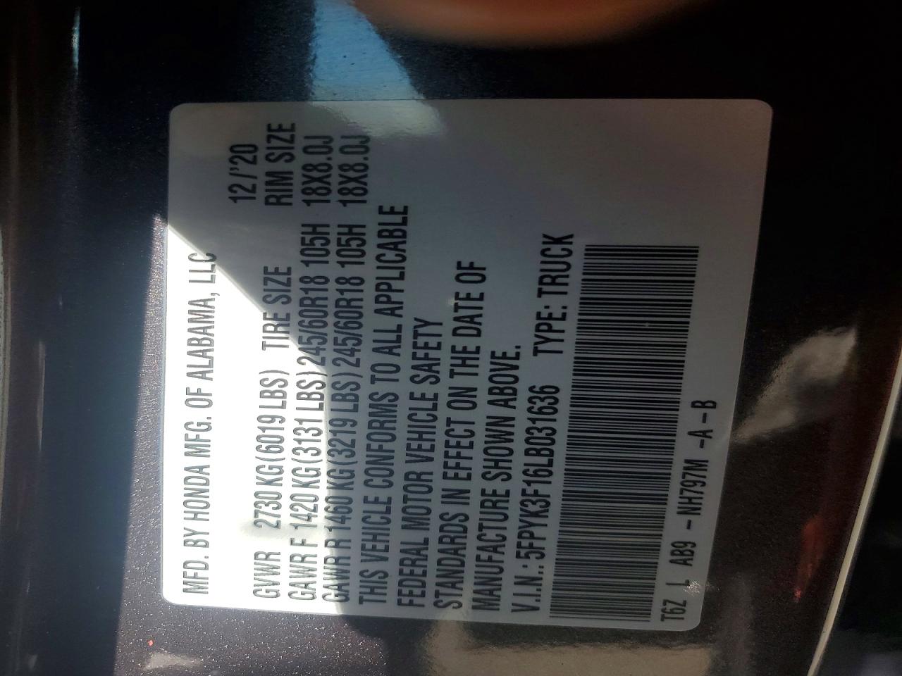 2020 Honda Ridgeline VIN 5FPYK3F16LB031636 photo 12