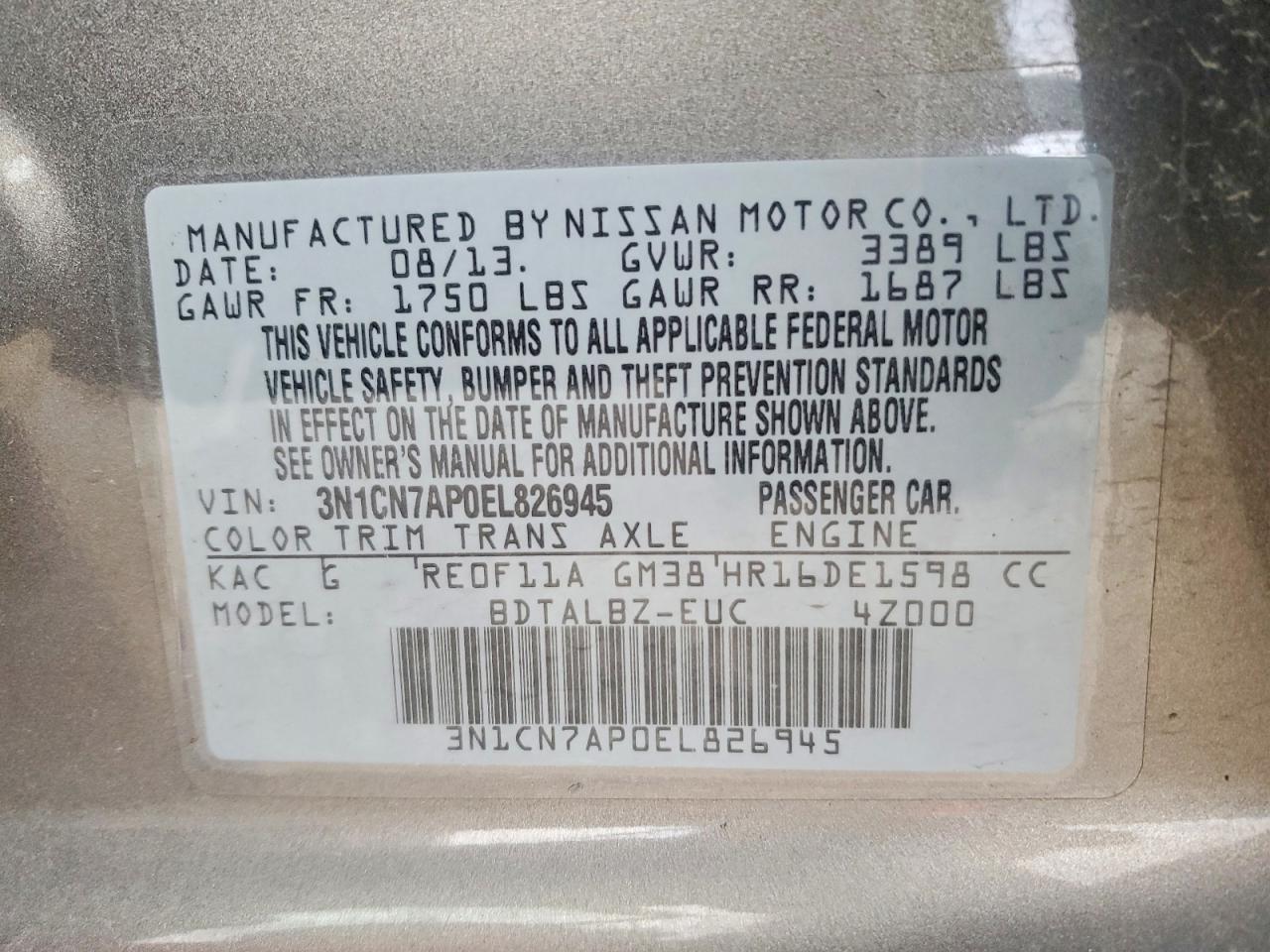 2014 NISS Versa VIN 3N1CN7AP0EL826945 photo 12