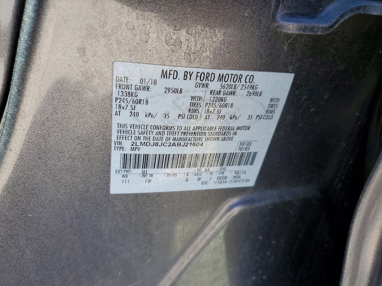 2010 LINCOLN Mkx VIN 2LMDJ8JC2ABJ21604 photo 12