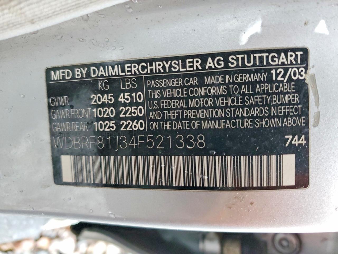 2004 Mercedes-Benz C class VIN WDBRF81J34F521338 photo 12