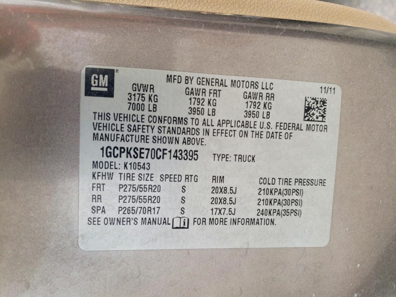2012 Chevrolet All models VIN 1GCPKSE70CF143395 photo 12