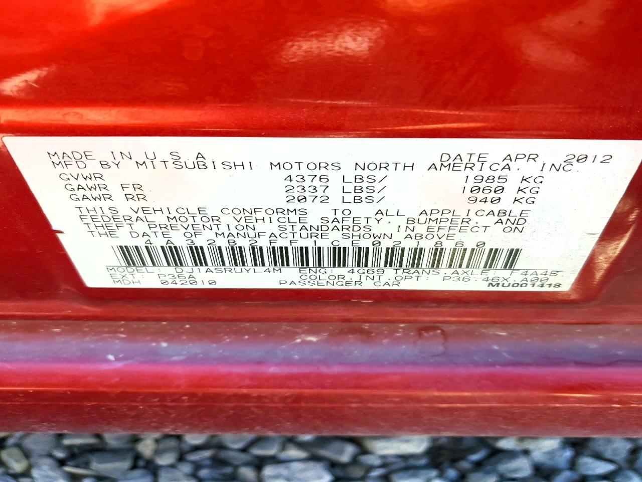 2012 Mitsubishi Galant fe VIN 4A32B2FF1CE021860 photo 12