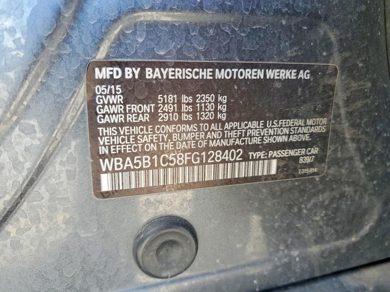 2015 BMW 5 series VIN WBA5B1C58FG128402 photo 12