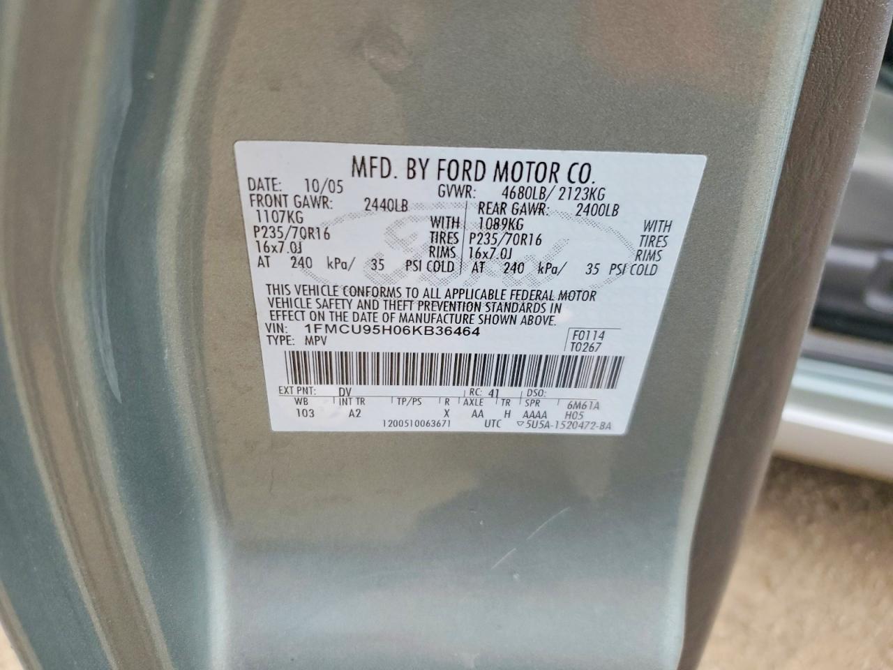 2006 Ford Escape VIN 1FMCU95H06KB36464 photo 12