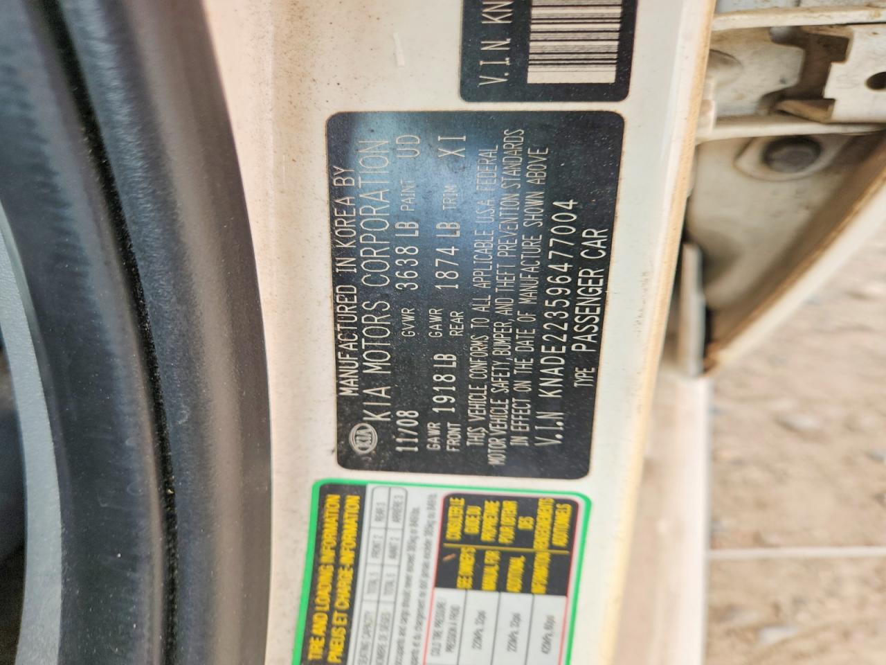2009 Kia Rio VIN KNADE223596477004 photo 12