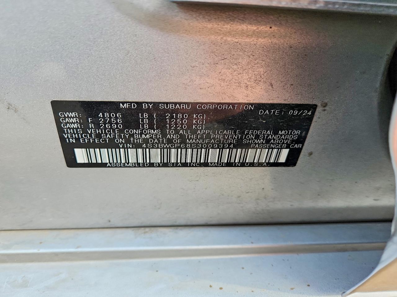 2025 Subaru LEGACY VIN 4S3BWGP68S3009394 photo 12