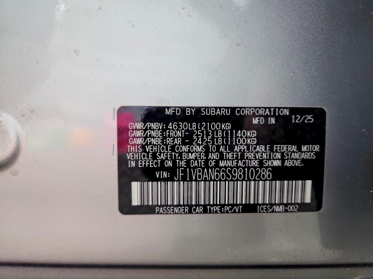 2025 Subaru Wrx VIN JF1VBAN66S9810286 photo 12