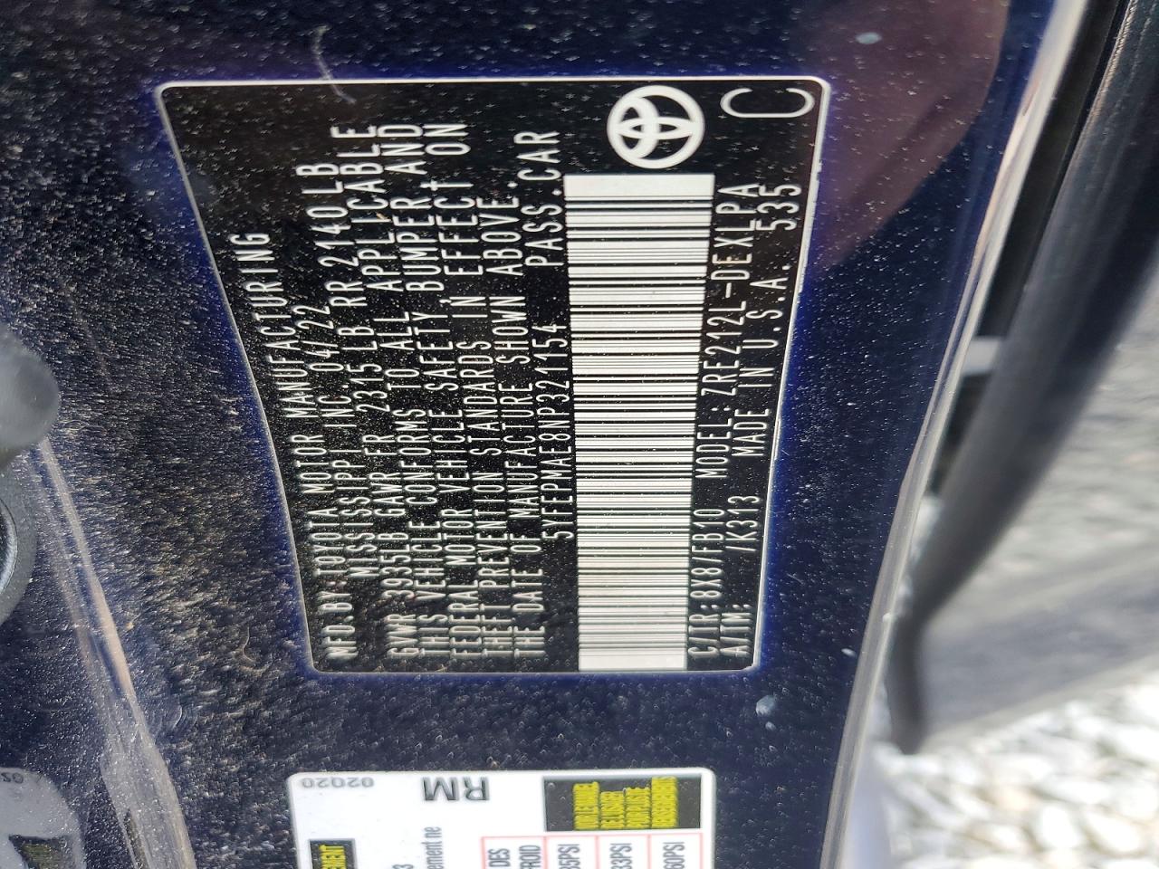 2022 Corolla VIN 5YFEPMAE8NP321154 photo 12