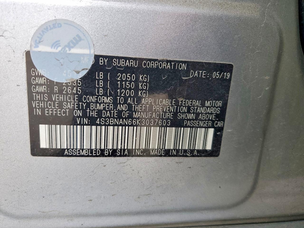 2019 Subaru LEGACY VIN 4S3BNAN66K3037603 photo 12