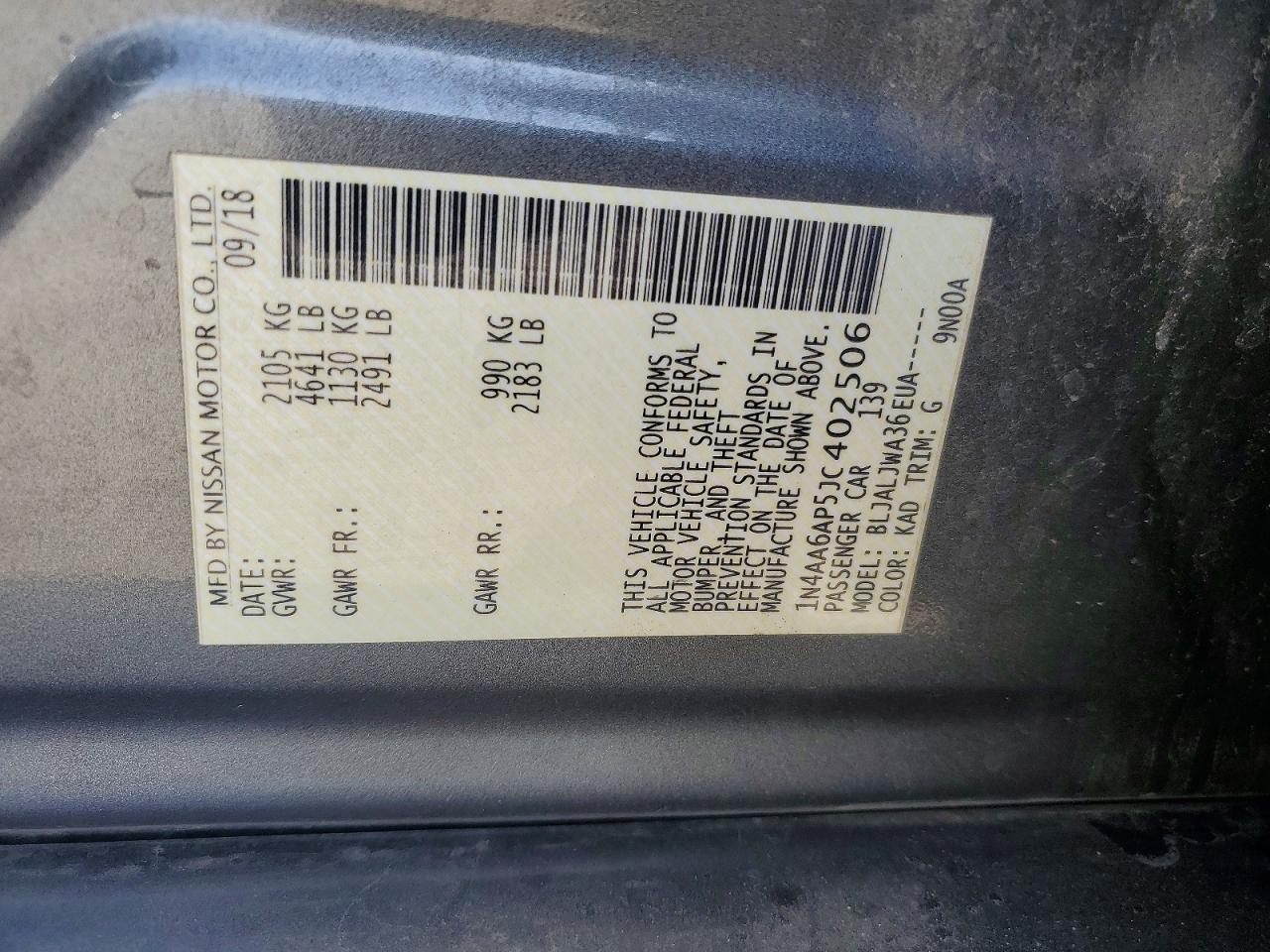 2018 Nissan Maxima VIN 1N4AA6AP5JC402506 photo 12