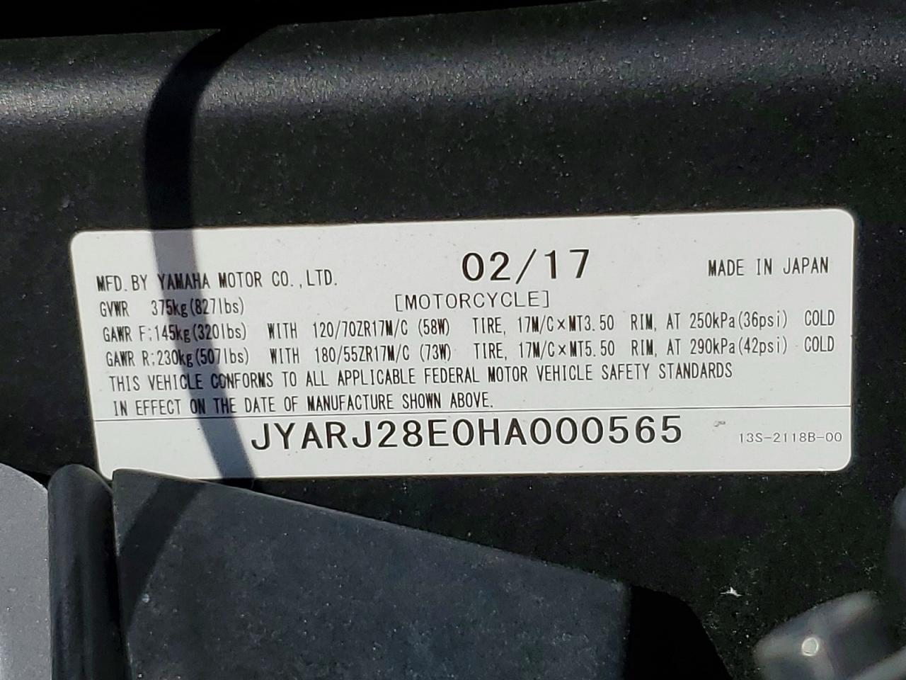 2017 YAMA Yzf600 VIN JYARJ28E0HA000565 photo 9