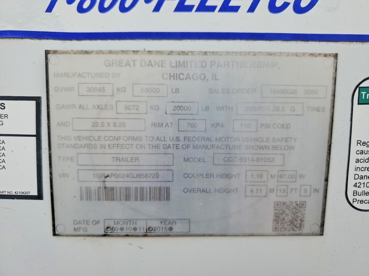 2016 GREAT DANE TRAILERS TRAILER VIN 1GRAP0624GJ658729 photo 10