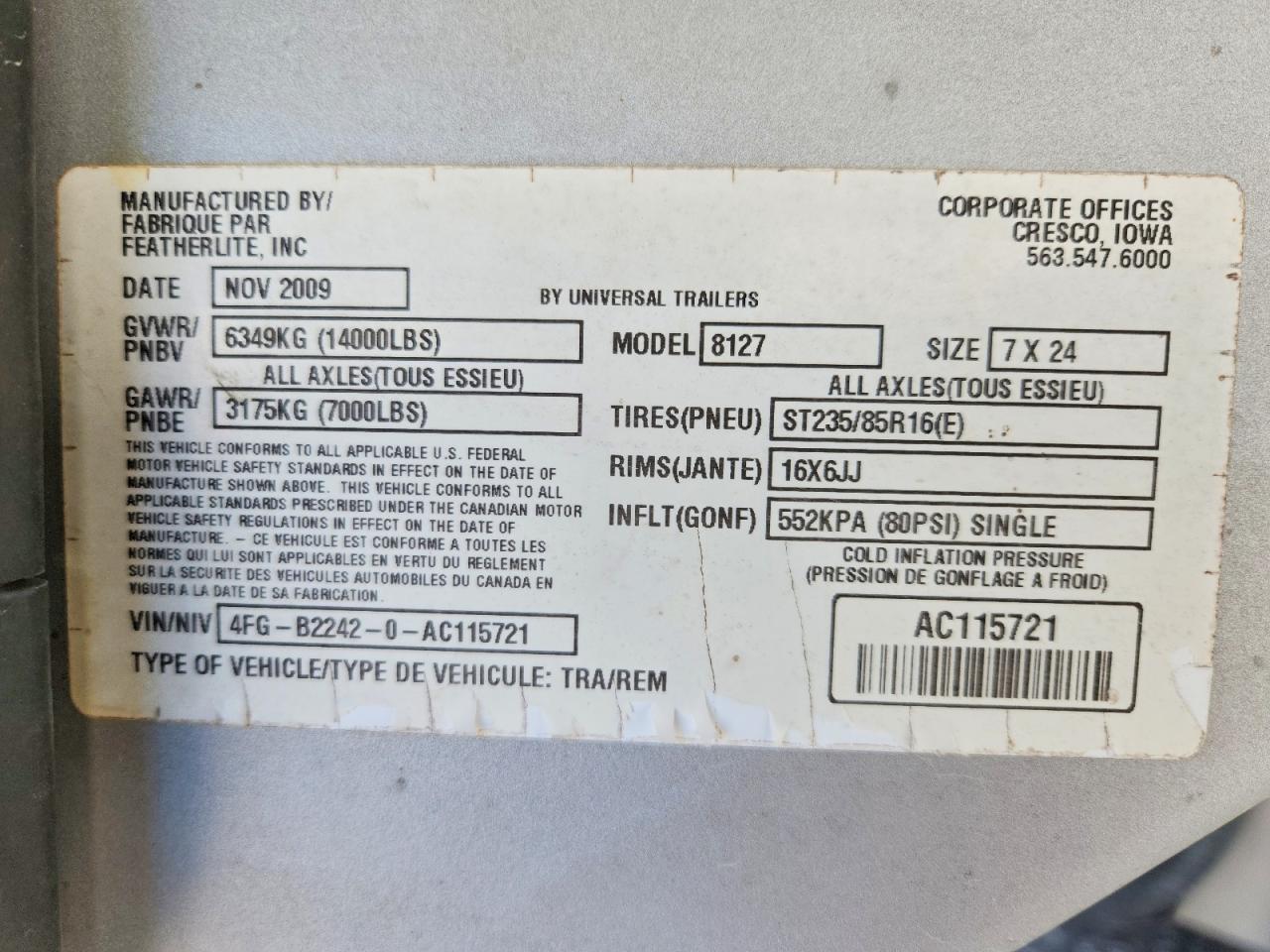 2010 FEATHERLITE 8127 VIN 4FGB22420AC115721 photo 10