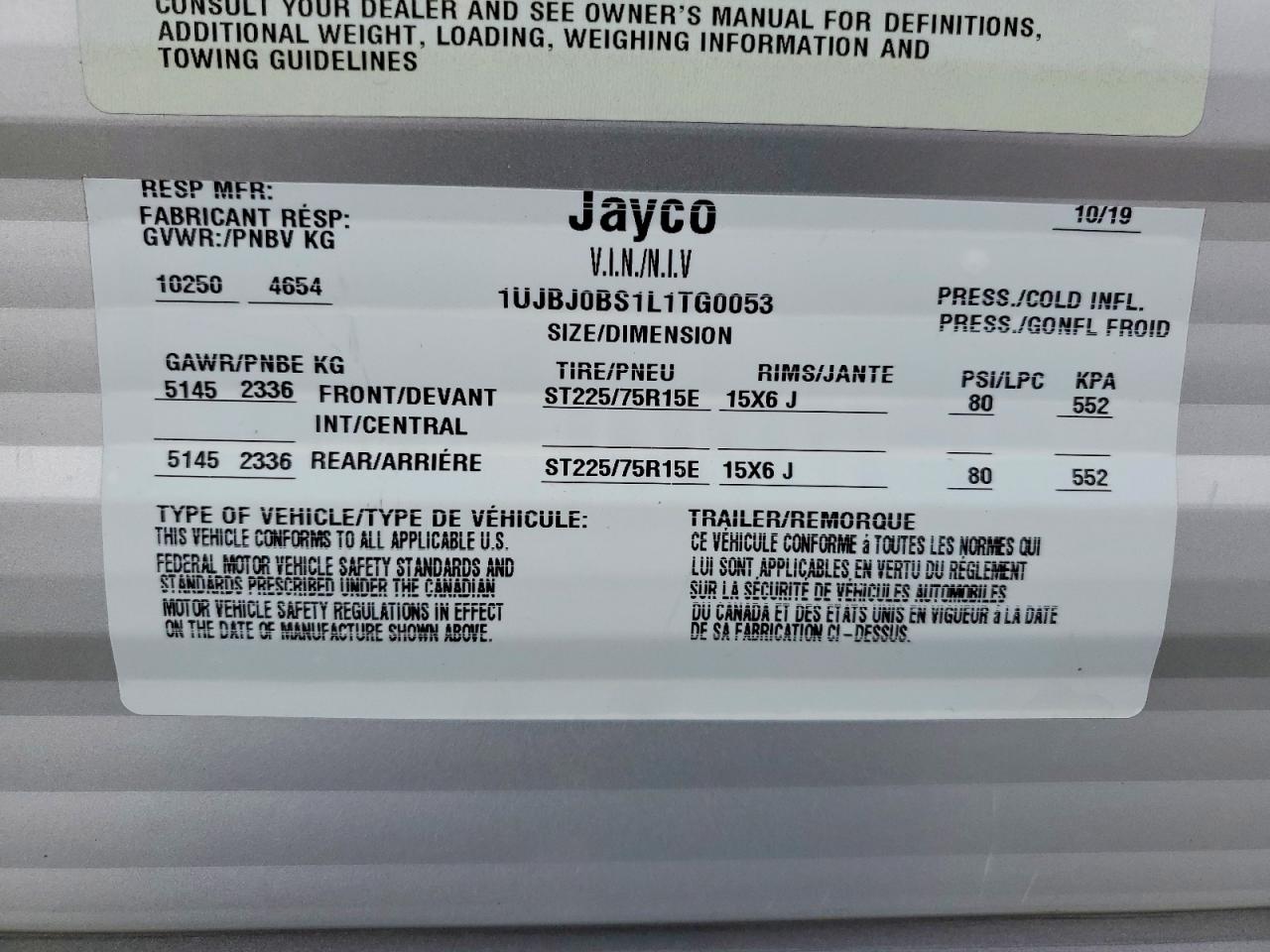 2020 JAYCO Trailers VIN 1UJBJ0BS1L1TG0053 photo 10
