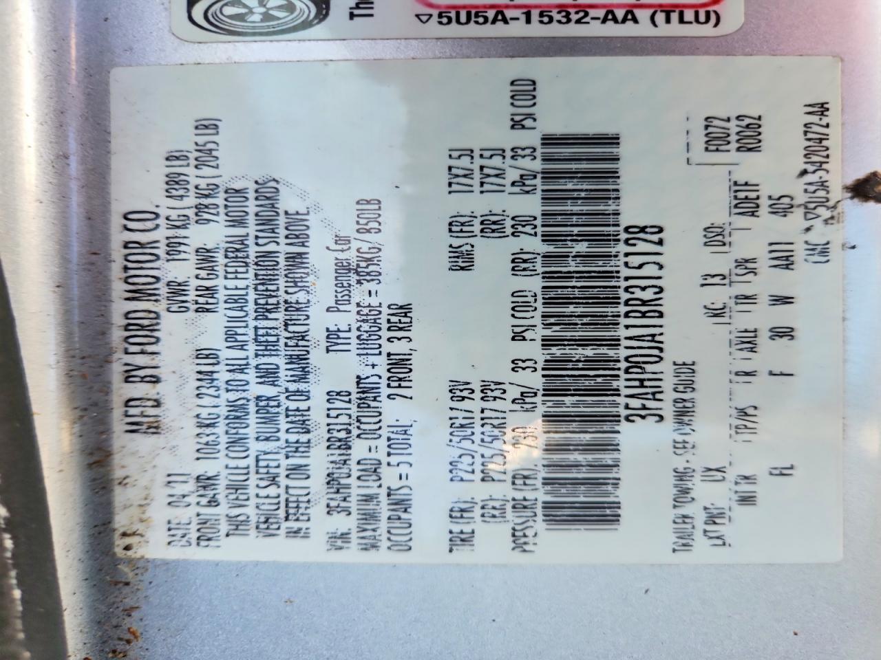 2011 Ford All models VIN 3FAHP0JA1BR315128 photo 12