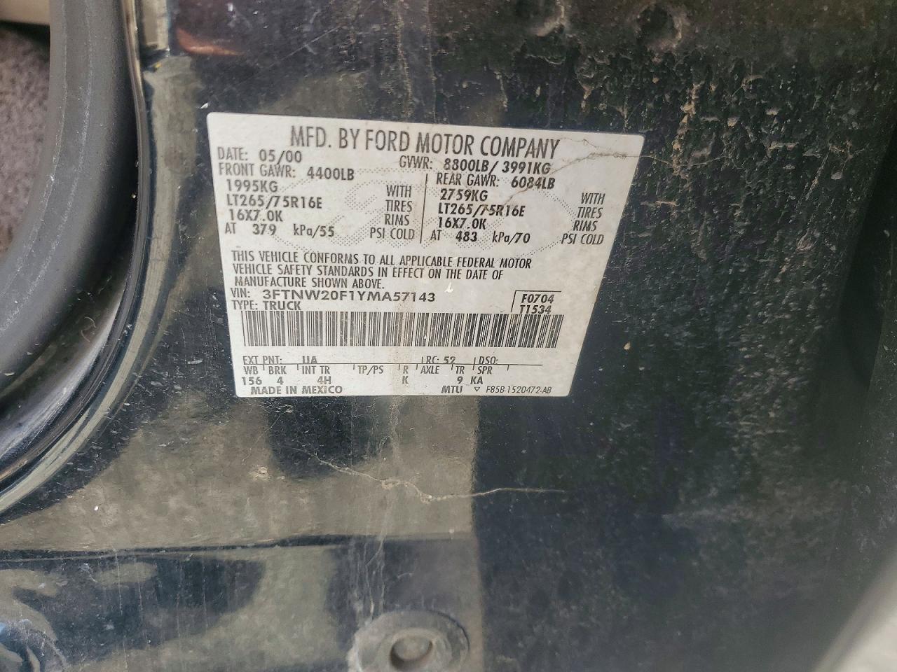 2000 Ford F250 VIN 3FTNW20F1YMA57143 photo 12