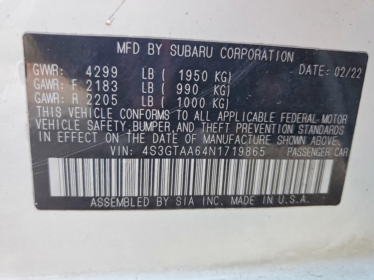 2022 Subaru Impreza VIN 4S3GTAA64N1719865 photo 12
