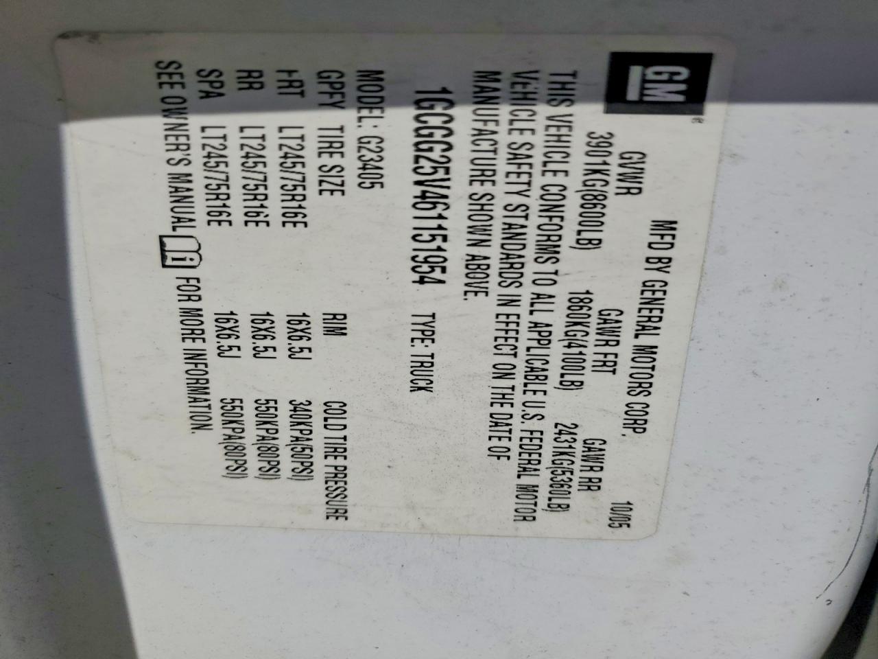 2006 CHEV Express VIN 1GCGG25V461151954 photo 12