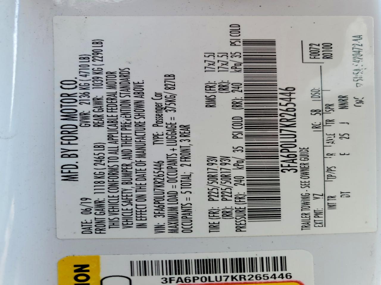 2019 Fusion VIN 3FA6P0LU7KR265446 photo 12