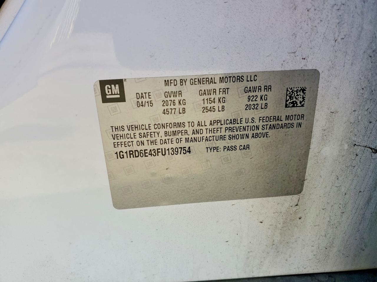 2015 Chev Volt VIN 1G1RD6E43FU139754 photo 12