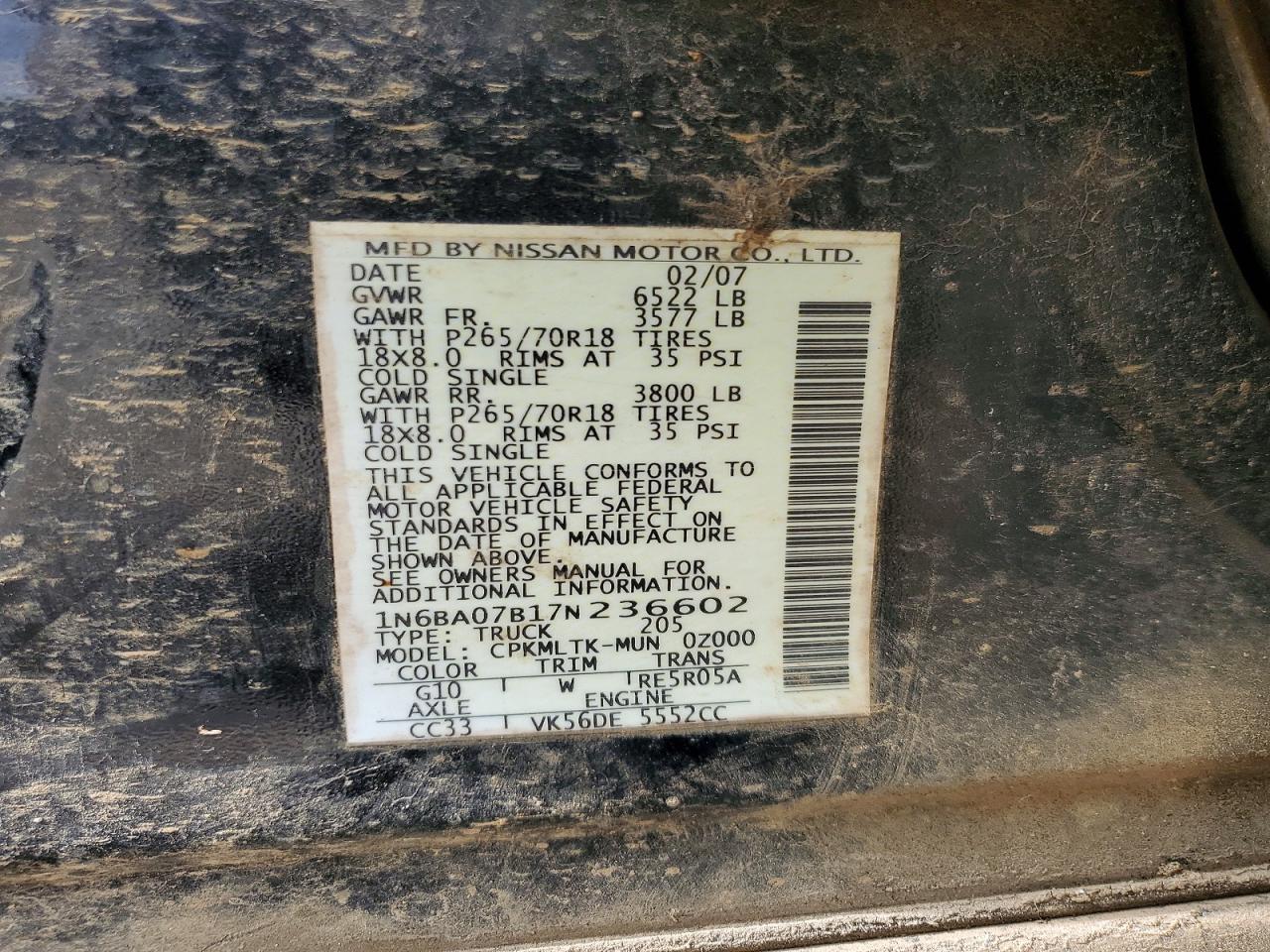 2007 Nissan TITAN VIN 1N6BA07B17N236602 photo 12