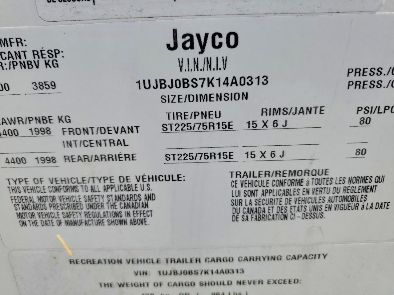 2019 JAYCO All models VIN 1UJBJ0BS7K14A0313 photo 10