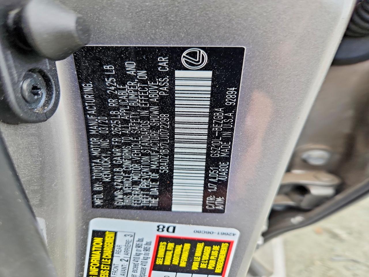 2020 Lexus ES350 VIN 58ADZ1B17LU072298 photo 12