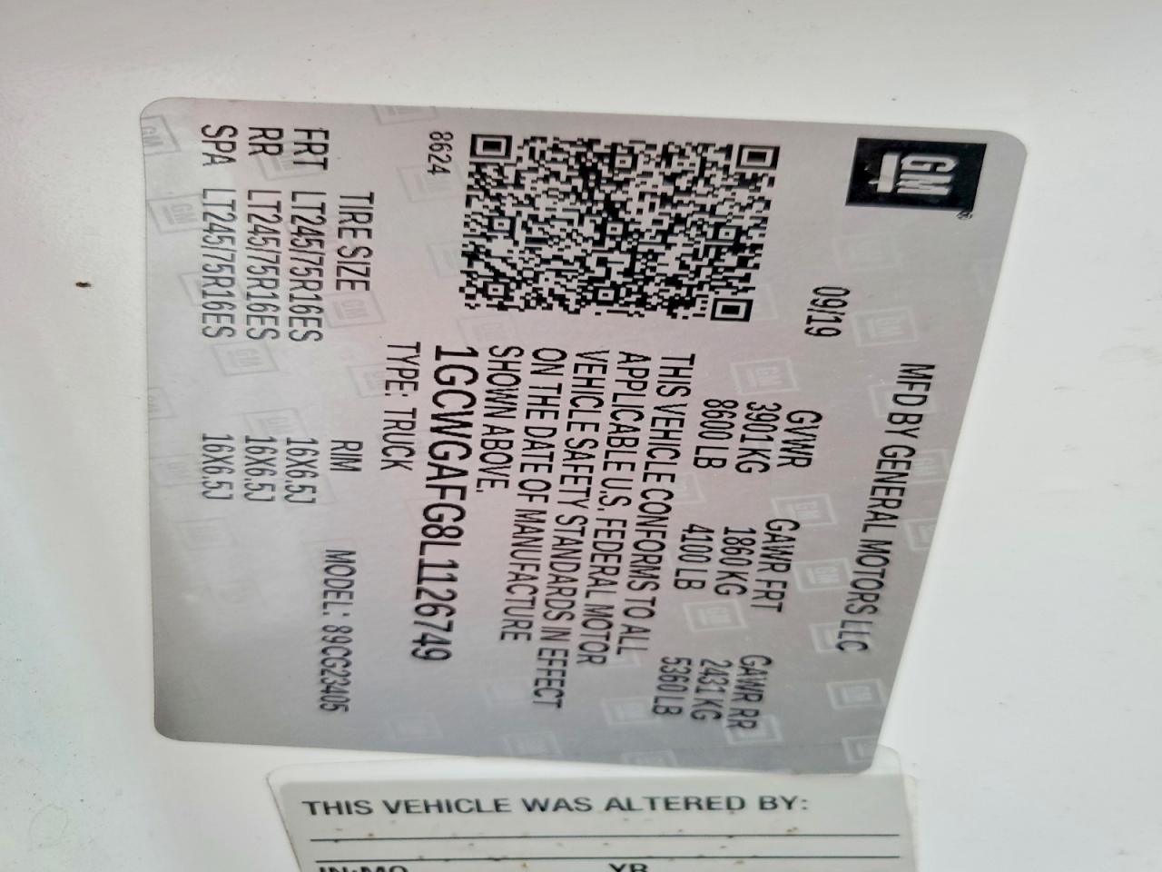 2020 CHEV Express VIN 1GCWGAFG8L1126749 photo 12