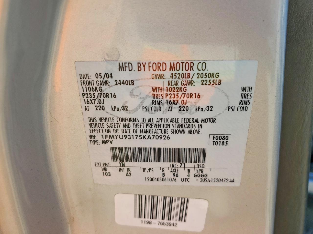 2005 FORD Escape VIN 1FMYU93175KA70926 photo 12